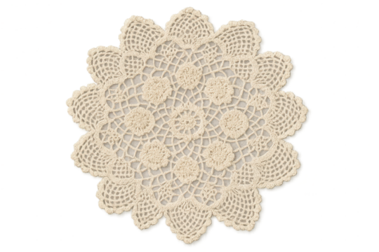 Beautiful handcrafted round crocheted doily isolated on transparent background