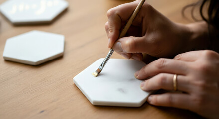 Person painting a hexagonal tile with a fine brush on a wooden table close up