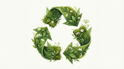 Creative recycling symbol composed of lush green leaves and white flowers representing nature conservation and environmental sustainability.