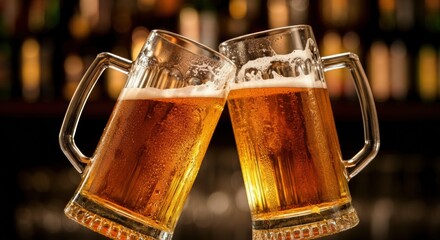 Two beer mugs clink in a lively toast at a warm bar backdrop amid celebration