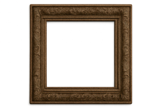 Isolated ornate brown wooden picture frame, classic, transparent background. - Powered by Adobe