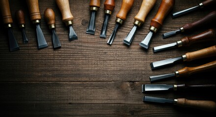 Wood chisels arranged along a weathered wooden workbench ready for carpentry tasks