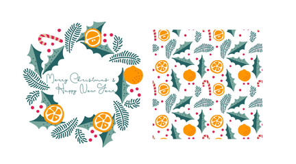 Festive designs featuring oranges, orange slices and holly leaves for holiday cards, winter designs. Christmas Seamless pattern and round frame. Hand drawn Doodle vector illustration with inscription.