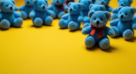 Blue teddy bears with a red bow sit on a bright yellow backdrop for display