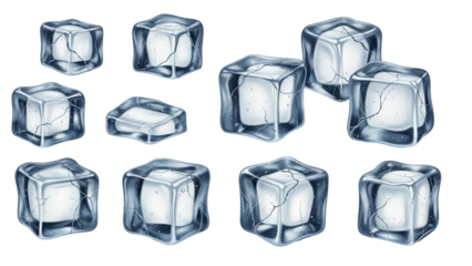 A collection of realistic, transparent ice cubes with visible cracks, against a white background.