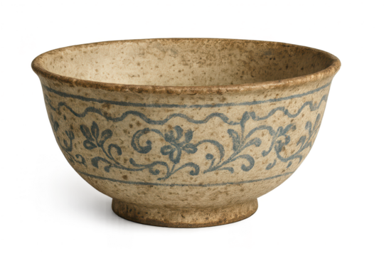 Rustic ceramic bowl with intricate blue patterns, isolated on transparent background.