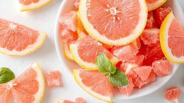 Zesty Delight: Sliced grapefruit segments and cubes, artistically arranged in a bowl, create an enticing food image, highlighting a refreshing and healthy treat. 