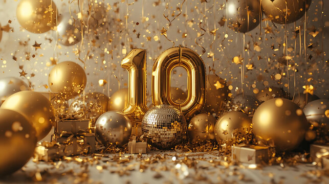 Golden tenth anniversary celebration balloons sparkle