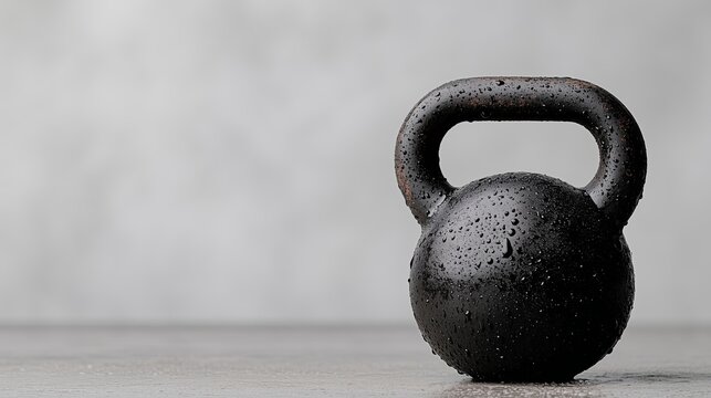 Kettlebell with water droplets resting on a smooth surface in a gym setting - Powered by Adobe