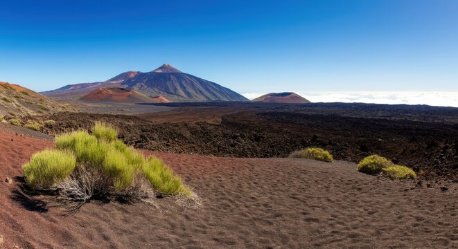 Desert landscape with sparse shrubs and distant mountains under a clear blue sky - Powered by Adobe