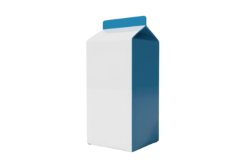 A pristine 3D rendered milk or juice carton, blank white front, deep blue side and top, ideal for product mockups. background removed