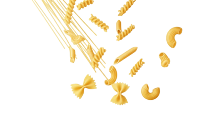 An assortment of different uncooked pasta shapes falling against a clean white background.