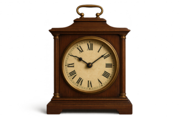 Antique wooden mantel clock isolated on transparent background, classic design.