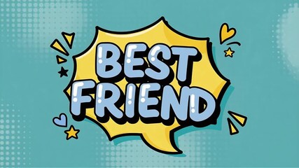 BEST FRIEND comic text in playful rounded light-blue letters with white highlights inside a bold yellow speech bubble, set on a cyan halftone background with tiny doodle hearts and stars for a cheerfu - Powered by Adobe