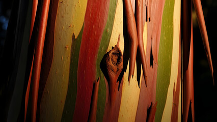 Vibrant multicolored bark of a Rainbow Eucalyptus tree illuminated by sunlight showcasing its natural beauty