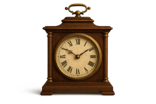 Classic wooden mantel clock with Roman numerals face, isolated on transparent