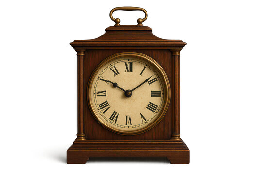 Antique wooden mantel clock isolated on transparent background, classic design.