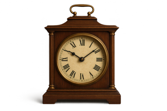 Antique wooden mantel clock isolated on transparent background, classic design.