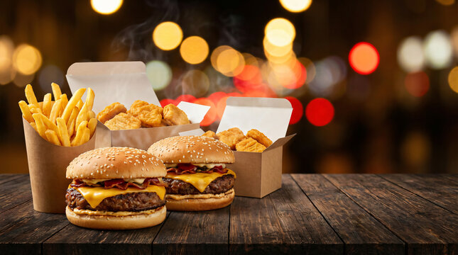 Delicious fast food meal featuring cheeseburgers, french fries, and nuggets displayed against a blurred city night background with glowing bokeh lights.