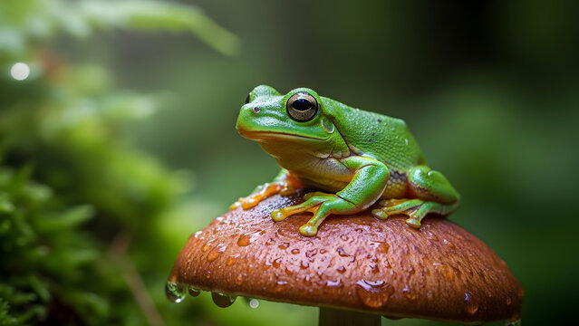 Vibrant green frog with large eyes perched on a dewy brown mushroom in a lush forest setting. - Powered by Adobe