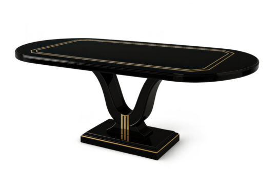 Elegant black console table with opulent golden trim, isolated on transparent background.