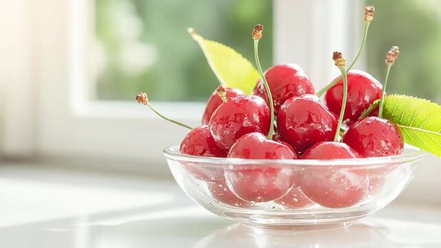 Bowl of cherries:A vibrant cluster of fresh, ripe cherries gleams invitingly within a transparent bowl, illuminated by soft, natural light, creating a picture of simple beauty.