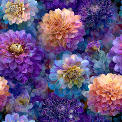 A vibrant dahlia floral pattern in Vivid Violet, Sunset Orange, and Azure Blue, digitally enhanced with adobe photoshop for a stunning artistic background.