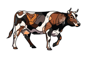 Artistic cow with patchwork brown and white coat