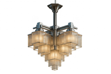 Art Deco chandelier, glowing frosted glass, isolated on transparent background