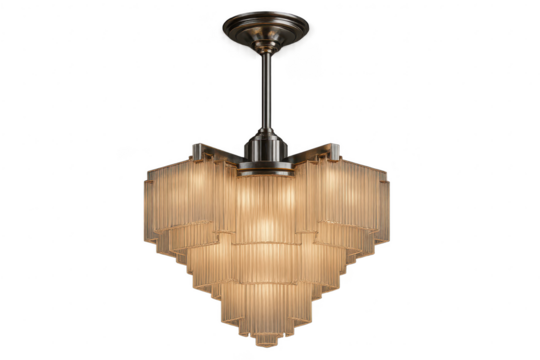 Elegant Art Deco fluted glass chandelier, isolated on clear background.