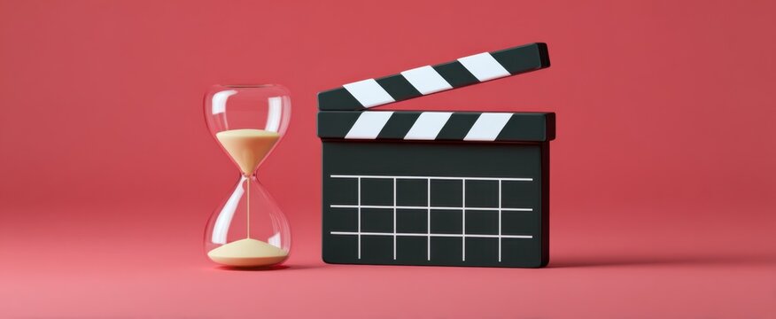 Clapperboard and hourglass on a planner showing a looming deadline.