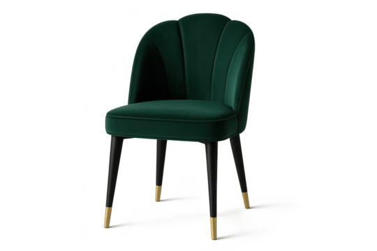 Stylish dark green velvet shell-back dining chair isolated on transparent background