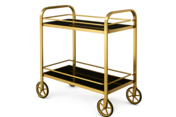 Elegant gold bar cart with black glass shelves, isolated on transparent background