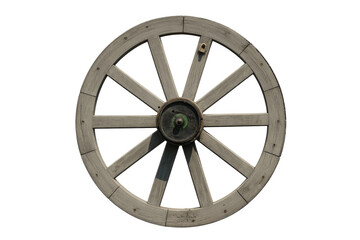 A rustic, weathered wooden wagon wheel featuring spokes and a central hub. Perfect for vintage, historical, or antique design themes. background removed
