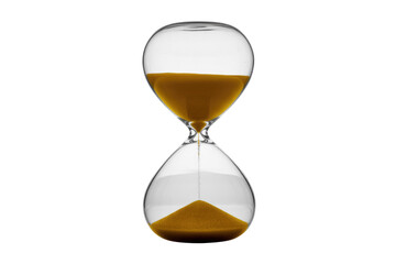 Golden sand gracefully descends through a clear glass hourglass, illustrating the continuous, precious passage of time. background removed