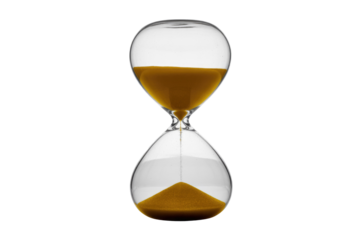 Golden sand gracefully descends through a clear glass hourglass, illustrating the continuous, precious passage of time. background removed