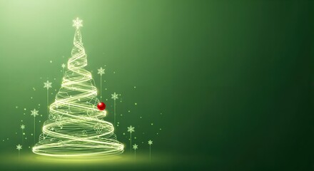 Glowing abstract Christmas tree with a red ornament and snowflakes on a vibrant green background, perfect for holiday greetings and festive designs.