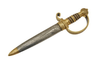 A beautifully ornate antique dagger or short sword featuring an intricately engraved silver blade and a gilded hilt with elegant scrollwork designs. background removed
