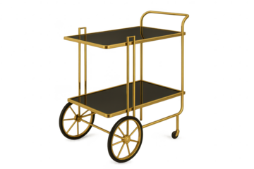 Golden bar cart with black glass shelves isolated on transparent background.