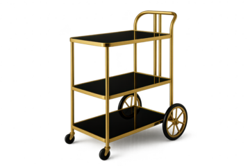 Luxurious golden bar cart with black shelves, isolated on transparent background