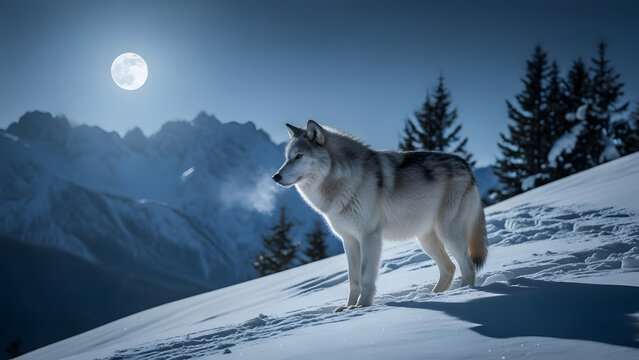White wolf standing majestically on a snow-covered mountain peak under a brilliant full moon at night.