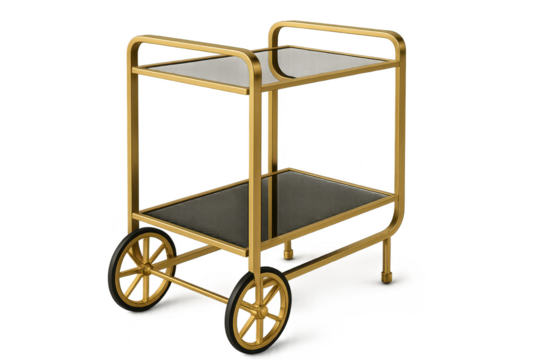 Luxurious golden bar cart with black glass shelves isolated on transparent background