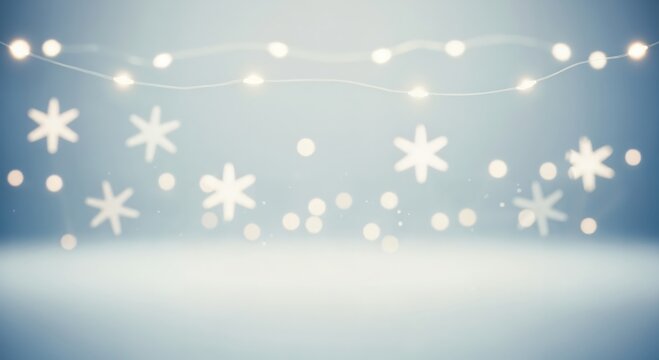 Soft focus winter background with glowing string lights and blurred snowflakes creating a festive and serene holiday atmosphere