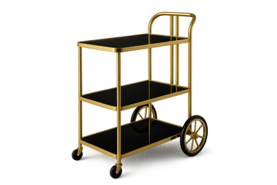 Luxurious golden bar cart with black shelves, isolated on transparent background