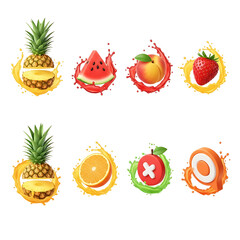 Assorted fresh fruits with vibrant liquid splashes and stylized 3d icons collection