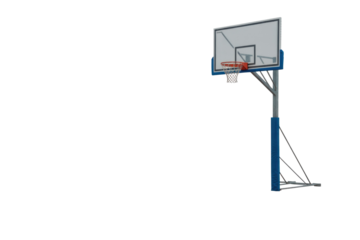 A complete basketball hoop setup: transparent backboard, orange rim, white net, and blue-padded pole, isolated on a solid transparent background. background removed