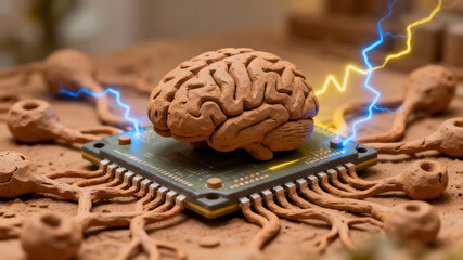 Human Brain on Circuit Board with Cryptocurrency Coins, AI Technology, Neural Network Concept