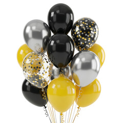 A festive bunch of metallic and confetti balloons in black, gold, and silver
