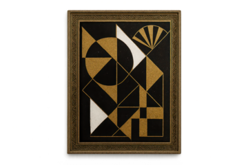 Elegant Art Deco geometric pattern book cover in gold and black, isolated on transparent background.