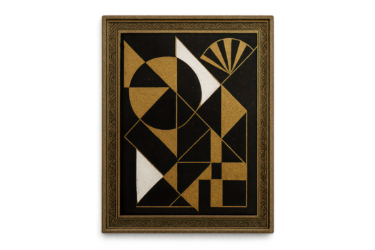 Elegant Art Deco geometric pattern book cover in gold and black, isolated on transparent background.